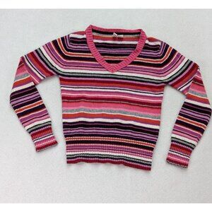 Old Navy Girls Sweater Pink Purple Striped Long Sleeve V-neck Size Large Wool